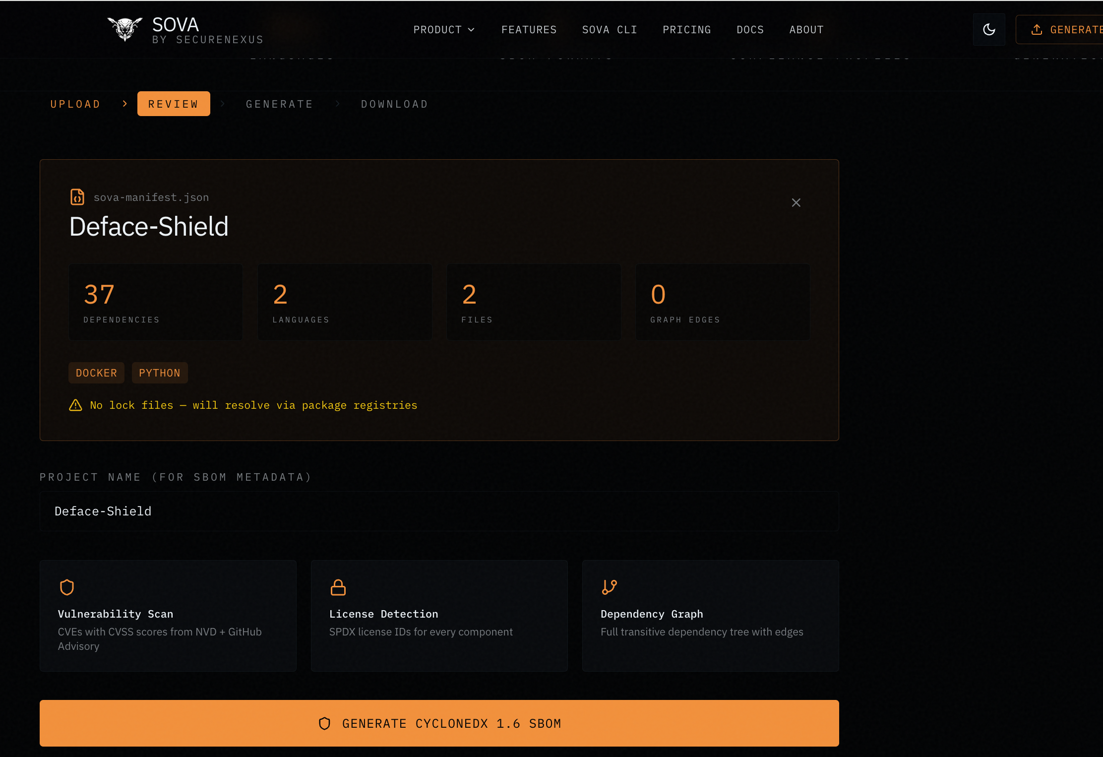 SecureNexus Generate page — reviewing manifest summary with 37 dependencies, 2 languages (Docker, Python), project name confirmation, and Generate CycloneDX 1.6 SBOM button