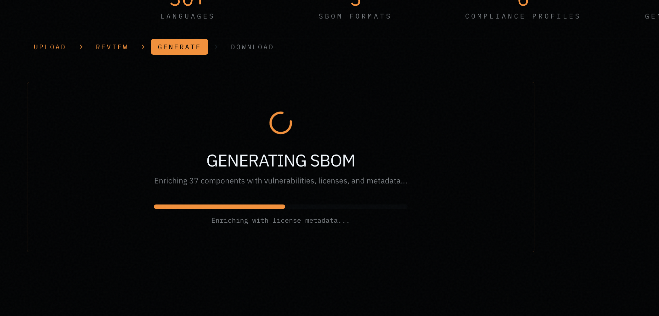 SBOM generation in progress — enriching 37 components with vulnerabilities, licenses, and metadata