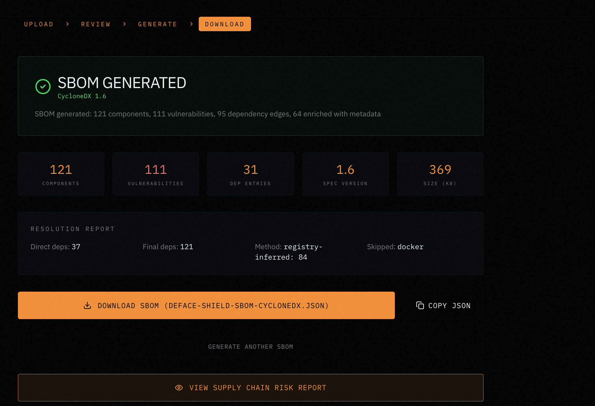 SBOM generated successfully — 121 components, 111 vulnerabilities, 31 dependency entries, CycloneDX 1.6, with download and copy options